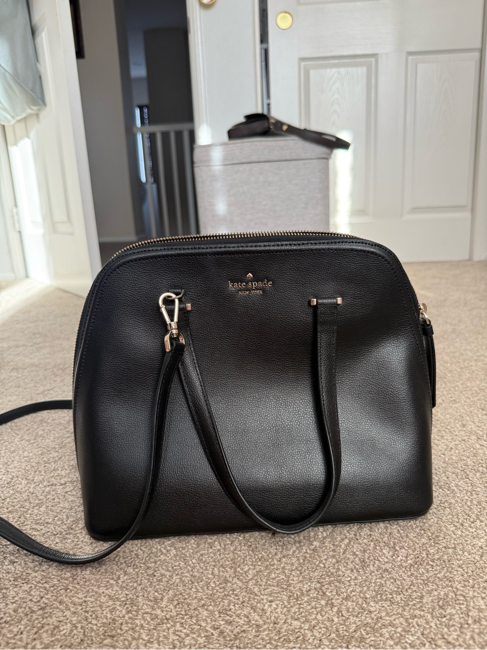 kate spade black leather dome satchel with gold hardware